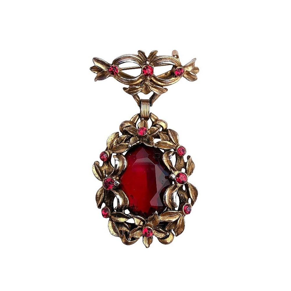 Vintage‎ Brooch Pendant Red Rhinestone Floral Victorian Style Costume Jewelry
